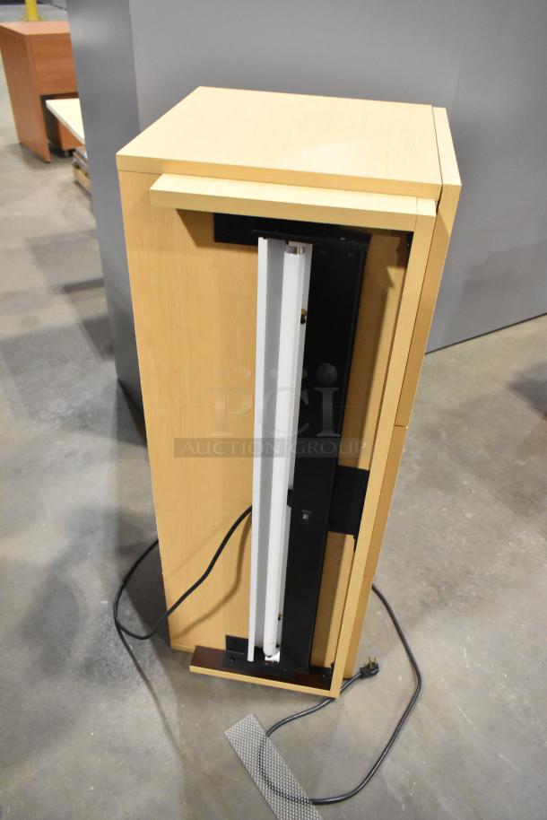 Wood-patterned L-shaped desk with attached two-drawer and three-drawer filing cabinets, featuring a clean finish and modern design.