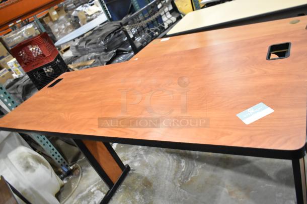 Two wood pattern items: table and desk, in good condition with rectangular tops and cable cutouts; visible Overbright label.