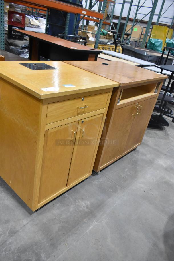 Two wood pattern counters, each with two doors and one drawer; one missing a drawer. Auction includes both.
