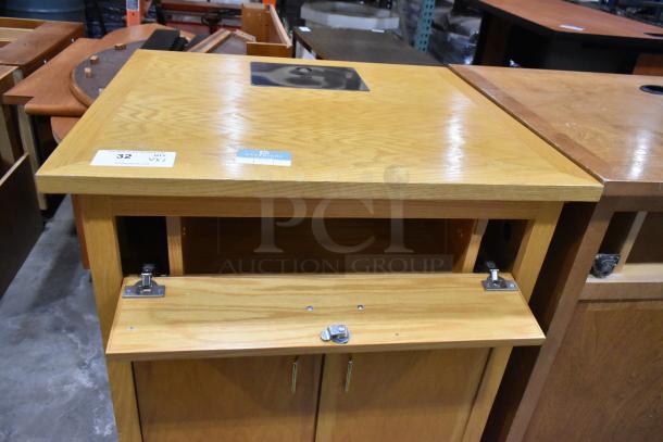 Wood pattern counter with one drawer and two doors. Missing one drawer. Auction tag reads "32 QTY 2X."
