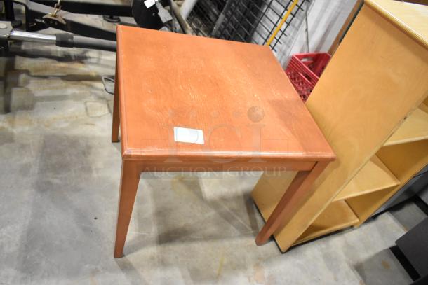 Wood pattern desk on casters, table, and bookshelf. Visible minor wear, ideal for home or office.