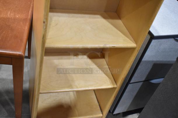 Wood pattern desk on casters, wood pattern table, and wood pattern bookshelf. Good condition, functional, multi-use.