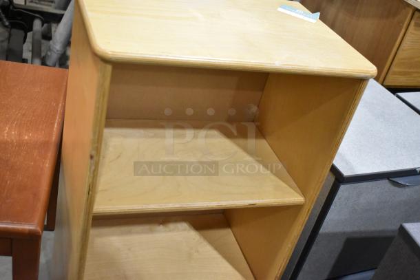 3-piece set: wood pattern desk on casters, wood pattern table, wood pattern bookshelf; minimal wear, functional condition.
