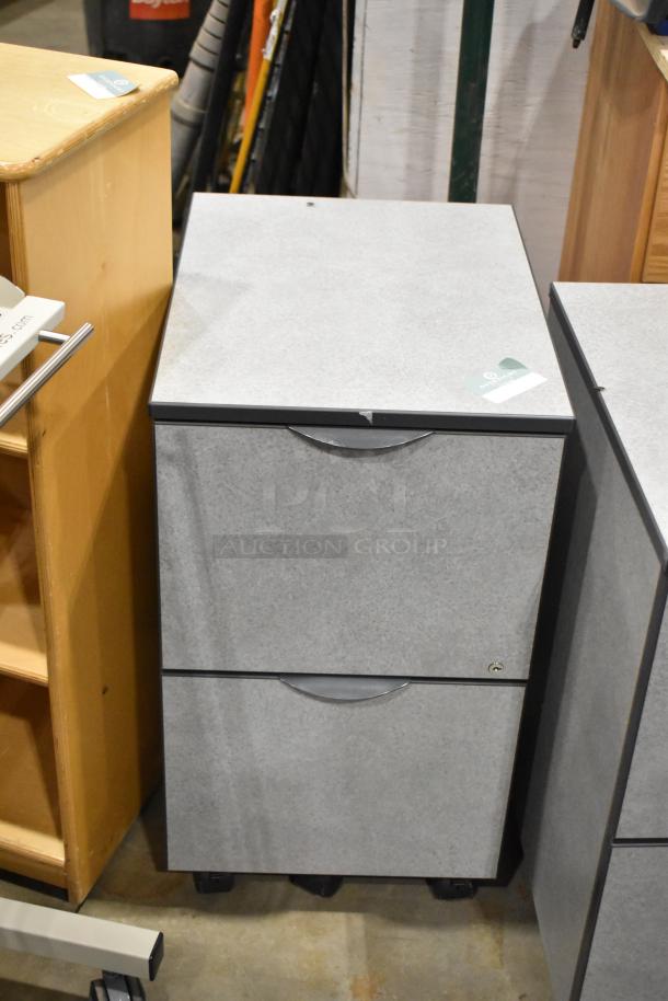 Gray two-drawer filing cabinet on casters, minimal wear, with visible auction label.  Four similar cabinets available.