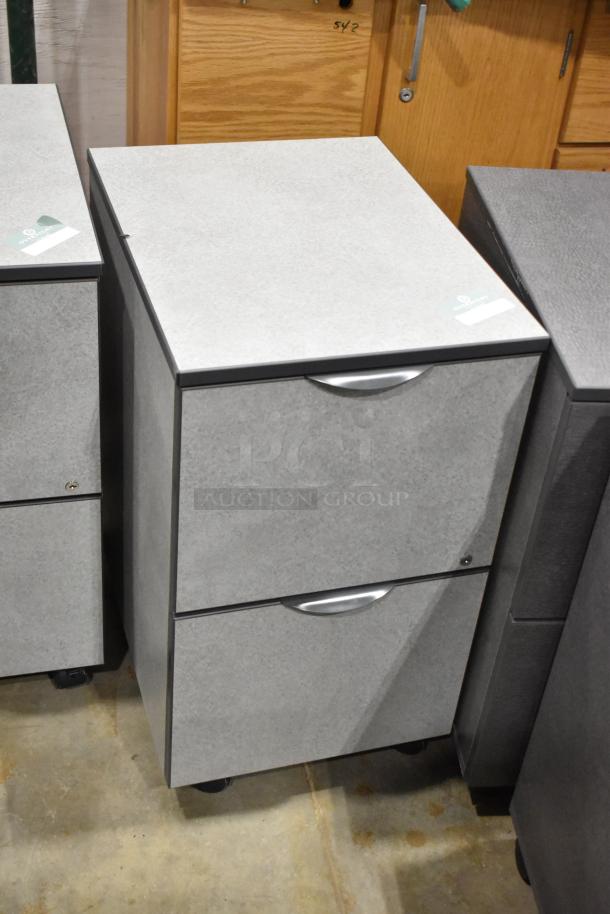 Four gray 2-drawer filing cabinets on casters, sturdy metal build, slight wear. Includes auction lot tags on cabinets.