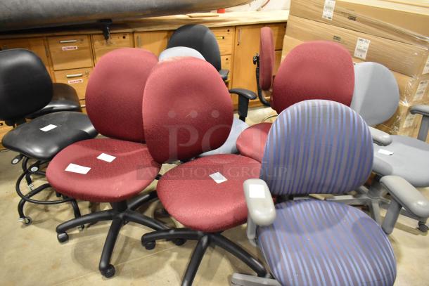 10 assorted office chairs on casters, various colors and conditions. Perfect for bulk purchase, no visible brand tags.