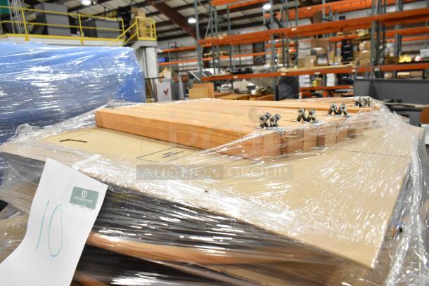 10 wood pattern tables, new, shrink-wrapped, with labeled tag reading "Overnight," indicating package quantity "10."