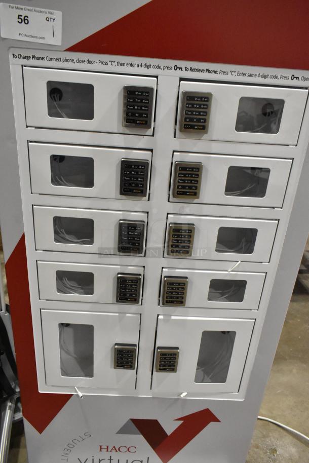 Metal 10 cubby filing cabinet with combination lock for each cubby, includes charging instructions, excellent condition.