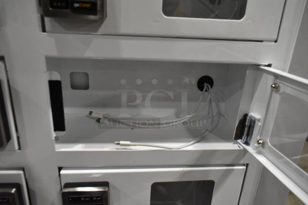 Metal 10 cubby filing cabinet with combination locks, shown open. Features internal wiring for organization and security.