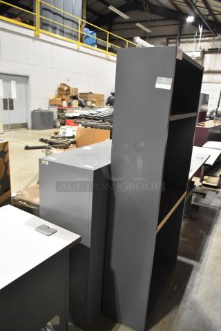 Gray book shelves, two units available, solid build, excellent condition, ideal for office or home storage. Tags visible.