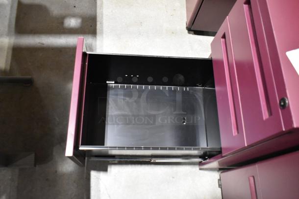Maroon metal filing cabinet with open drawer, part of a set of 6 including 2-drawer and 3-drawer units.