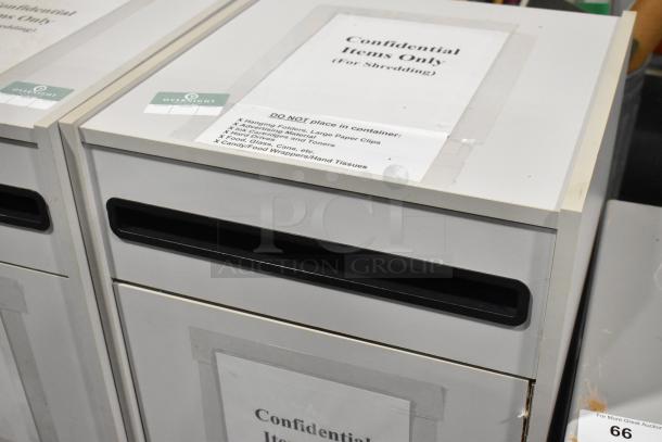 Two drop cabinets for shredding documents, labeled "Confidential Items Only," with slots and list of prohibited items.