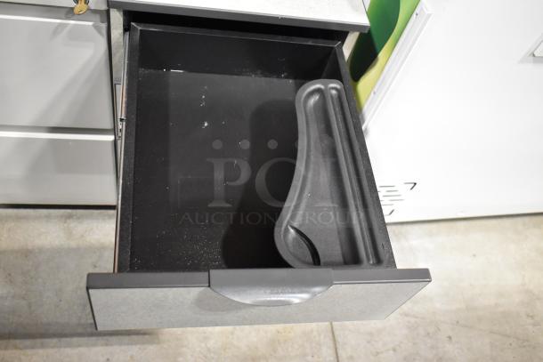 Two filing cabinets, one 2-drawer and one 3-drawer, shown open. Includes key lock feature. Some wear visible.