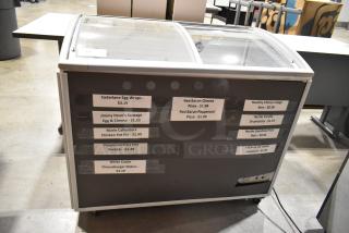 Healthy Choice SD-220Y commercial freezer with sliding doors, labeled pricing on front, 110 volts, 1 phase, metal construction.