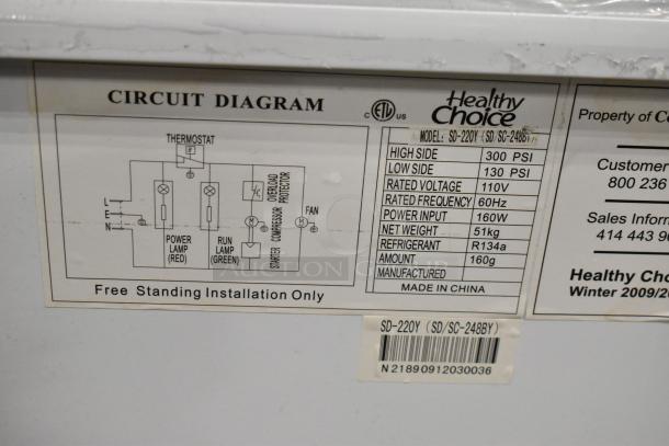 Healthy Choice SD-220Y Metal Freezer Merchandiser, 110V, commercial use. Tags show model, circuit diagram, and specs.
