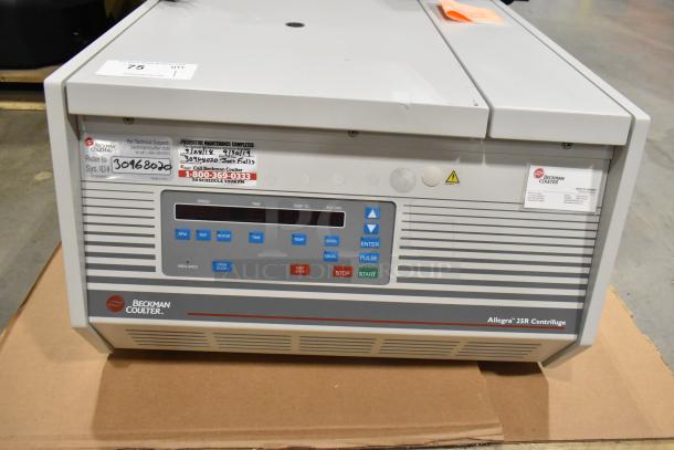 Beckman Coulter Allegra 25R Centrifuge, 208V, 1 Phase, visible labels and controls, excellent condition for laboratory use.