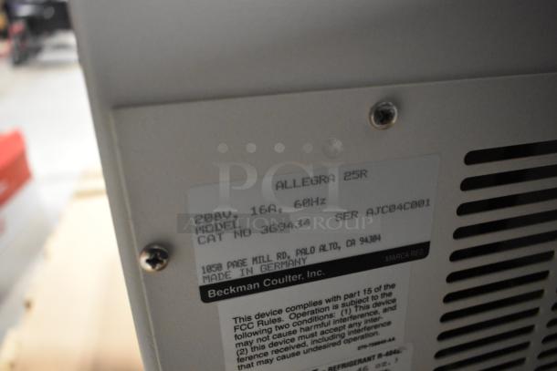 Beckman Coulter Allegra 25R Centrifuge label, 208V, 16A, 60Hz, Model 369434, Serial AJC04C001, Made in Germany.
