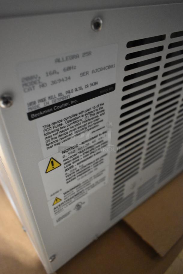 Beckman Coulter Allegra 25R Centrifuge, 208V, 1 phase, labels showing specs and compliance, in used condition.