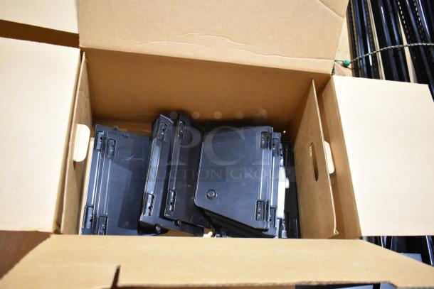 Three pallets of assorted metal racking pieces in a cardboard box; sturdy condition, ideal for storage solutions.