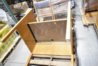 Wood pattern desk, partially disassembled, good condition. Marked "L-4187." Suitable for home or office setup.