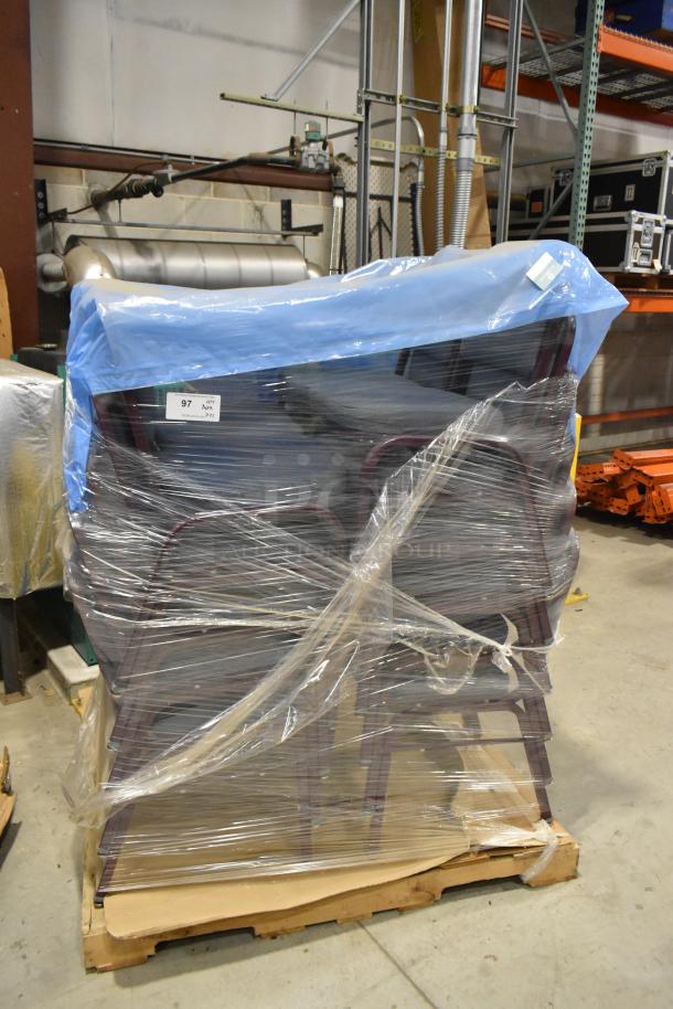 Packaged set of 22 maroon metal chairs with gray seat and backrest on a pallet. Plastic wrapping and tags visible.