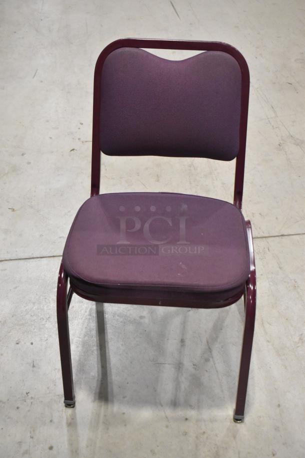 Maroon metal chair with matching seat and backrest, in good condition. Bid for 20 units. Ideal for events or dining use.