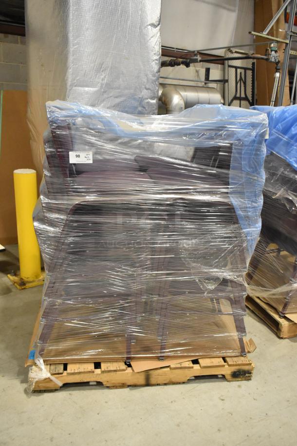 20 maroon metal chairs with maroon seats and backs, wrapped and palletized, auctioned at 20 times your bid.