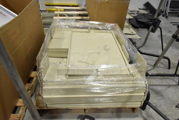 Three pallets of various metal panels wrapped in plastic, in good condition, stacked on wooden pallets.