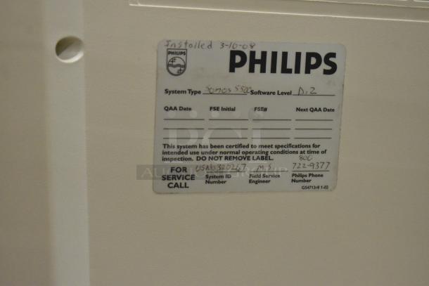 Philips M2424A Ultrasound System label detailing system type as "Sono5500" and software level "D.1.2". Installed on 3-16-08.