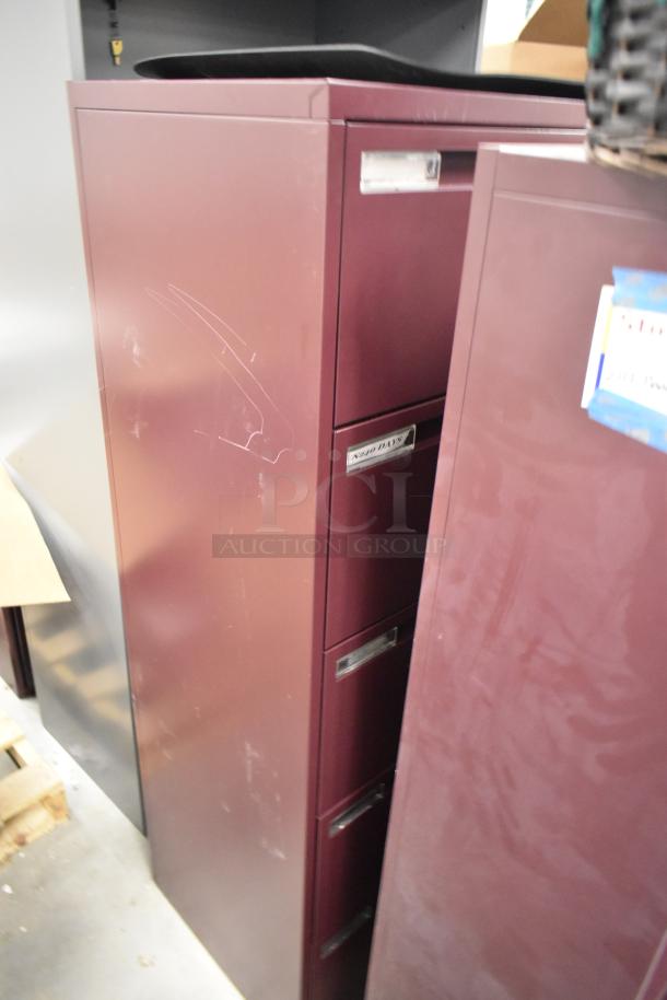 Maroon metal 5-drawer filing cabinet with visible labels and minor surface scratches, auction lot includes bookshelf.