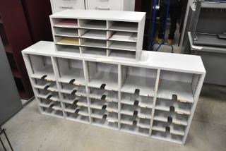 Two countertop multi-cubby mailboxes in gray, each with multiple compartments. Clean condition, ideal for organizing documents.