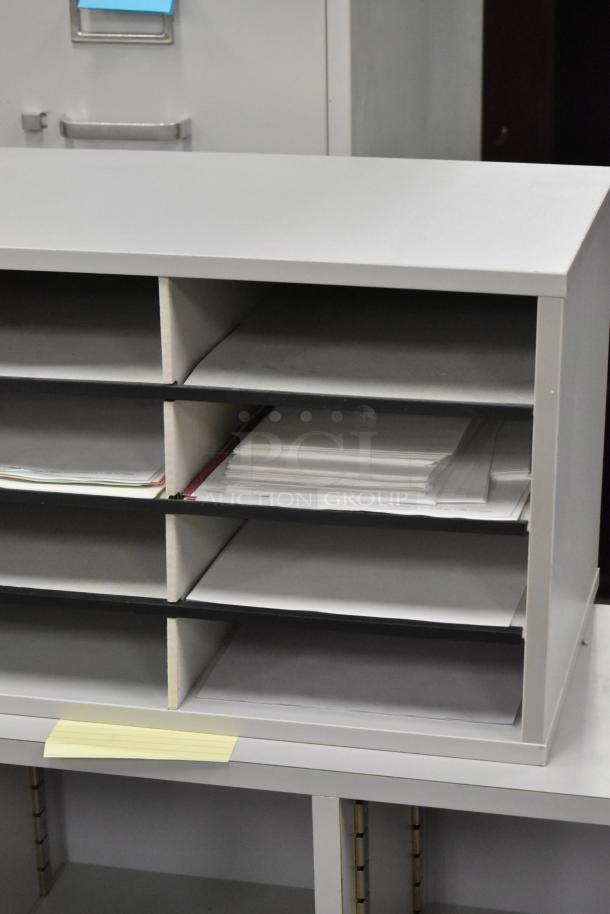 Gray countertop multi-cubby mailbox with 8 slots, lightly used, ideal for office document organization.