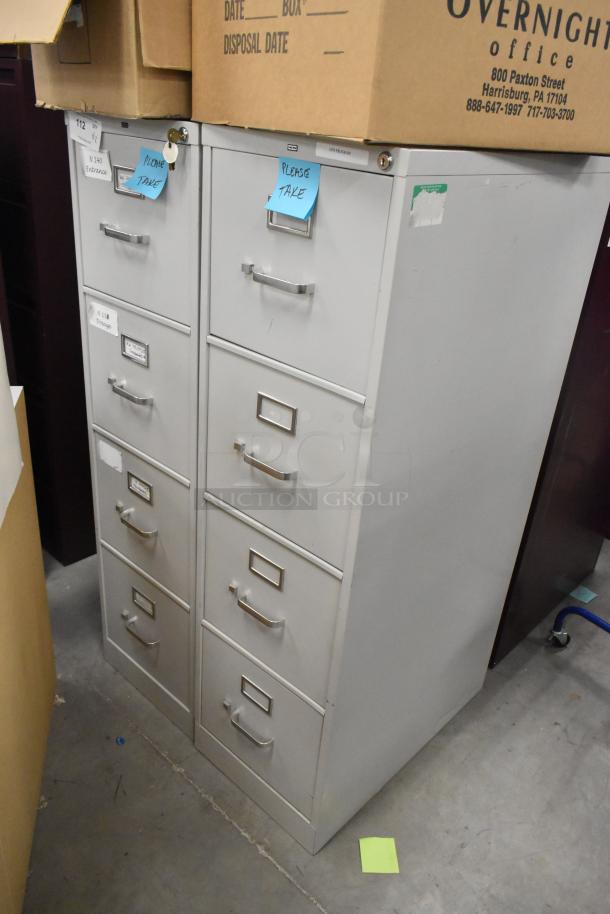 Two gray metal 4-drawer filing cabinets, slightly worn, feature label holders and handles, tags indicate "Please Take."