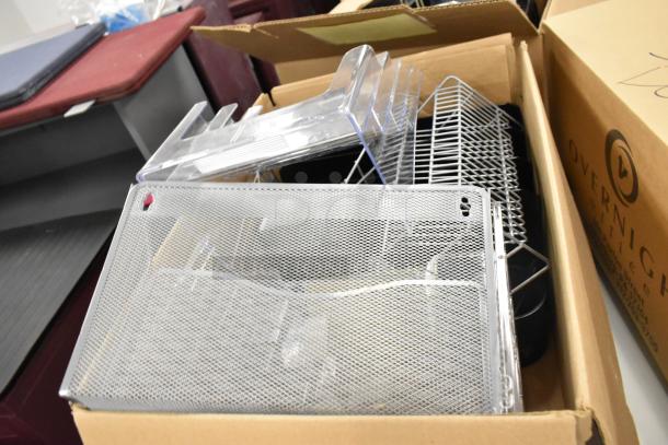 3 boxes with office items, including metal and plastic trays, racks, and bins. Items in good condition.