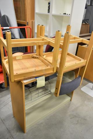 Three items: two wooden chairs with a natural wood pattern and a compact bookshelf. Chairs stacked upside down. Labels visible.