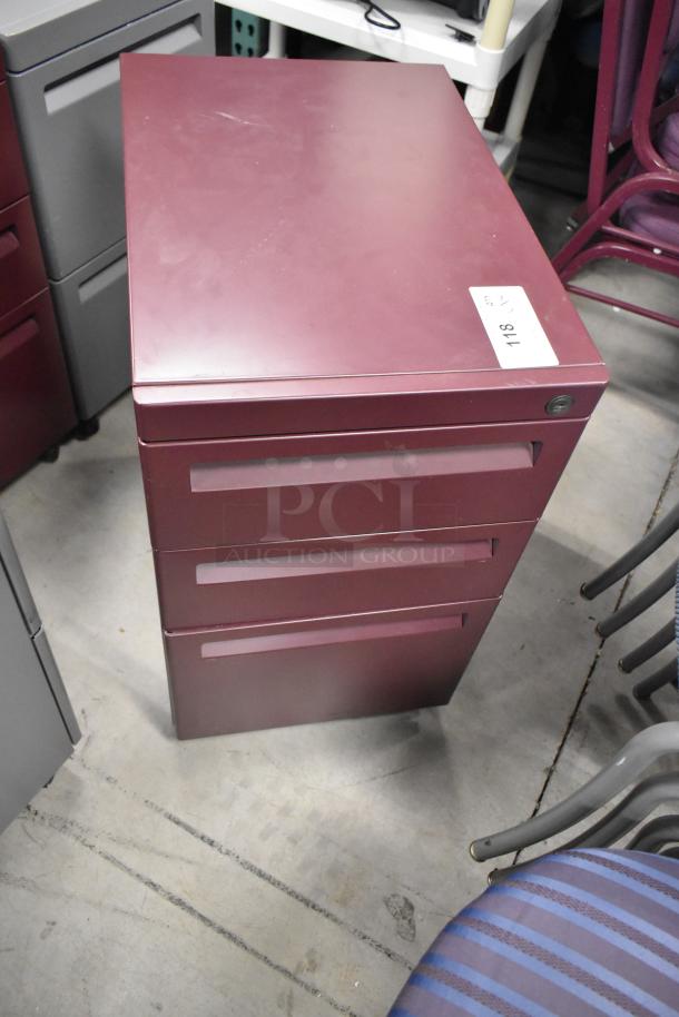 Maroon 3-drawer filing cabinet on casters, top surface slightly scratched, labeled "718". Includes three other cabinets.