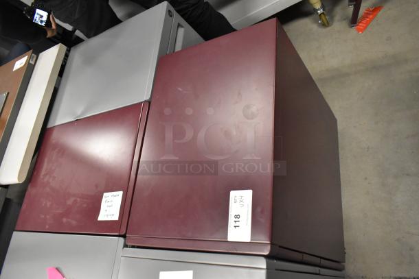 Four filing cabinets on casters; includes maroon 3-drawer and gray 2-drawer. Visible labels indicate condition for storage.