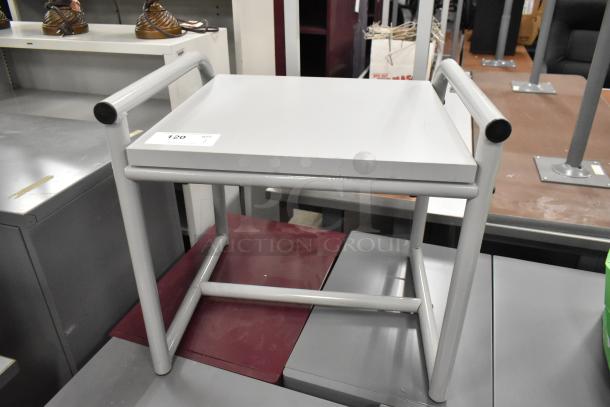 Gray table with tubular metal frame, two-tier design, and black handles. Auction tag indicates item number 120. Excellent condition.