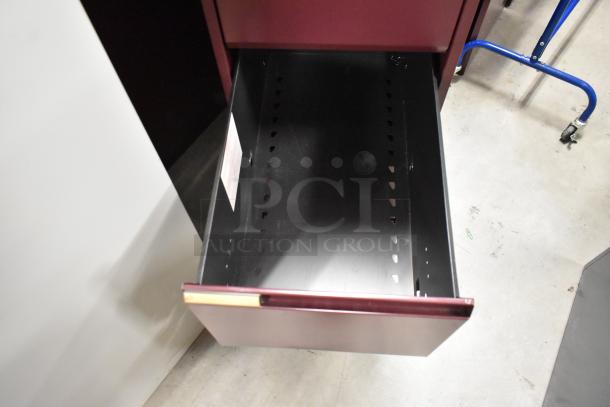 Two maroon metal 4-drawer filing cabinets, open drawer view, in good condition; bidding offers double quantity.