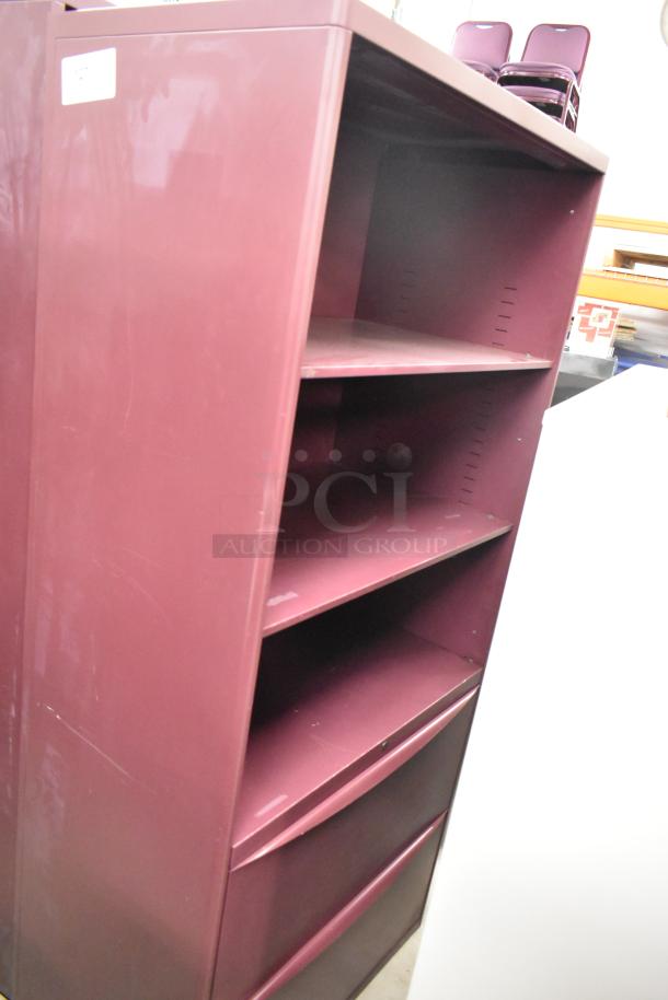 Maroon metal bookshelf with multiple adjustable shelves, visible slight wear. Auction for two identical units.