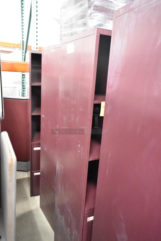 Three maroon metal book shelves, vertical design, minor scuffs present. Ideal for office or study, sturdy construction.