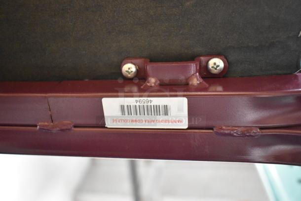 Maroon metal chair with cushioned seat and backrest; label reads "Harrisburg Area Comm College, 46594." Set of 36 chairs.