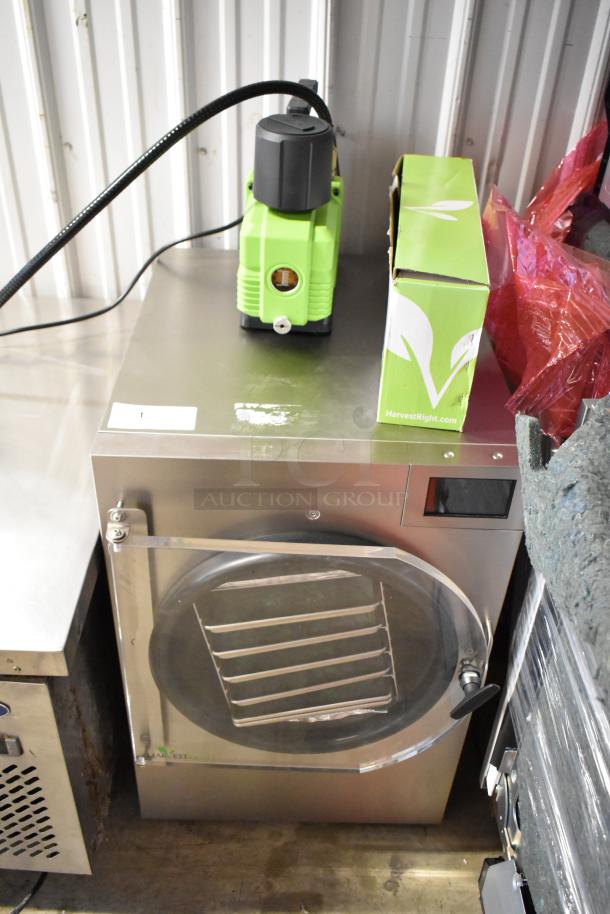 Harvest Right HRFDL Stainless Steel Home Pro Freeze Dryer, 115 Volts, 1 Phase, with attached pump, appears in good condition.