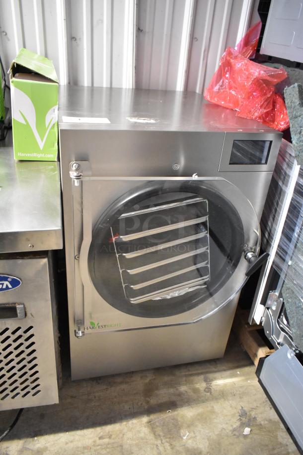 Harvest Right HRFDL stainless steel home pro freeze dryer, 115 volts, 1 phase, with transparent door and visible trays.