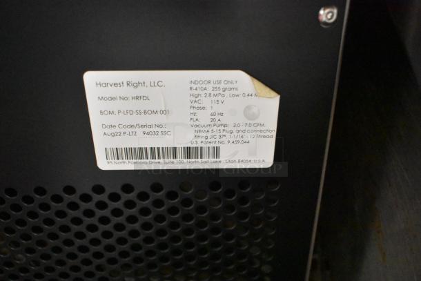 Harvest Right HRFDL Stainless Steel Home Pro Freeze Dryer, 115V, 1-phase. Label shows model and serial number details.