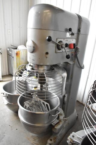 Hobart M-802 commercial 80-quart dough mixer with three bowls, bowl guard, dolly, paddle, whisk attachments; 200V, 3-phase.