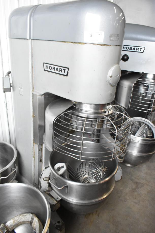 Hobart M-802 commercial floor mixer, 80-quart, with bowl guard, 3 bowls, paddle, whisk attachments. 200V, 3-phase.