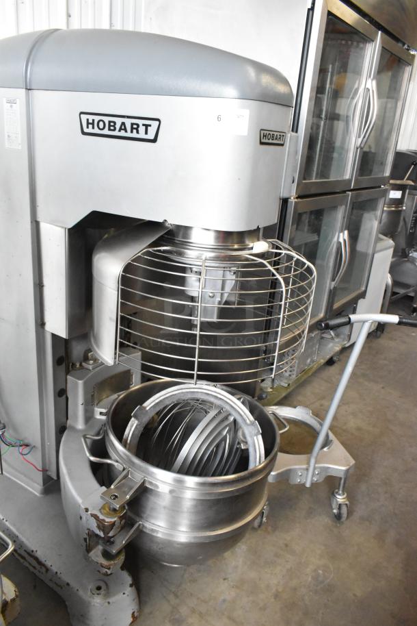 Hobart Legacy HL800 80-quart planetary dough mixer with bowl, guard, dolly, paddle, whisk attachments; 200-240V, 3 Phase.