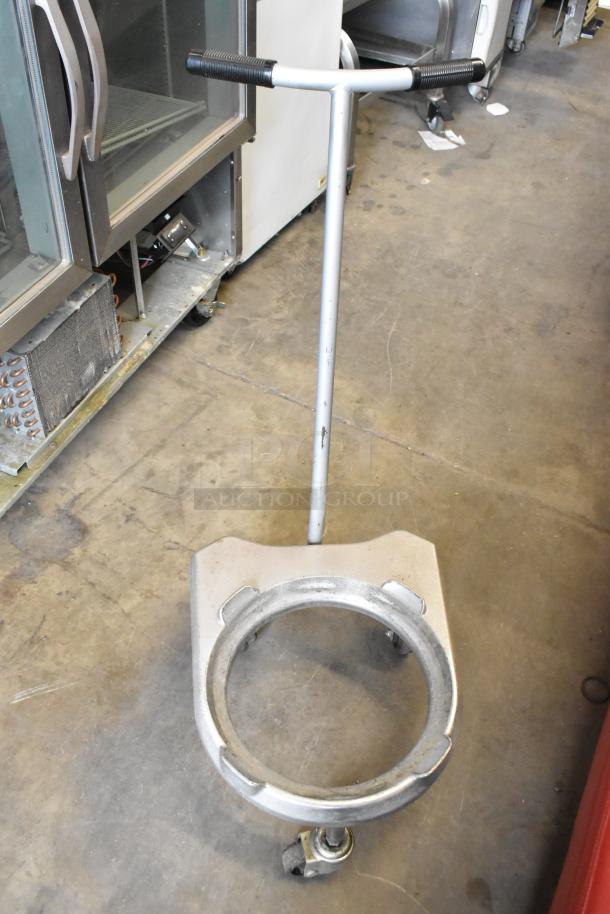 Hobart Legacy HL800 metal bowl dolly with handle for 80-quart planetary mixer, used, on casters for easy transport.