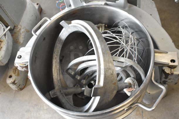 Hobart HL800 commercial dough mixer with 80-quart mixing bowl, paddle, whisk attachments, and bowl guard. 3-phase, 200-240V.